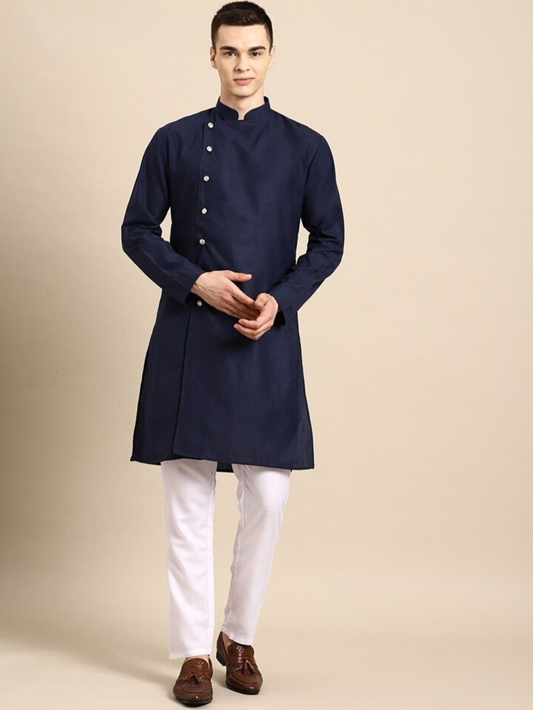 

Molly & Michel Mandarin Collar Straight Cotton Kurta, Navy blue