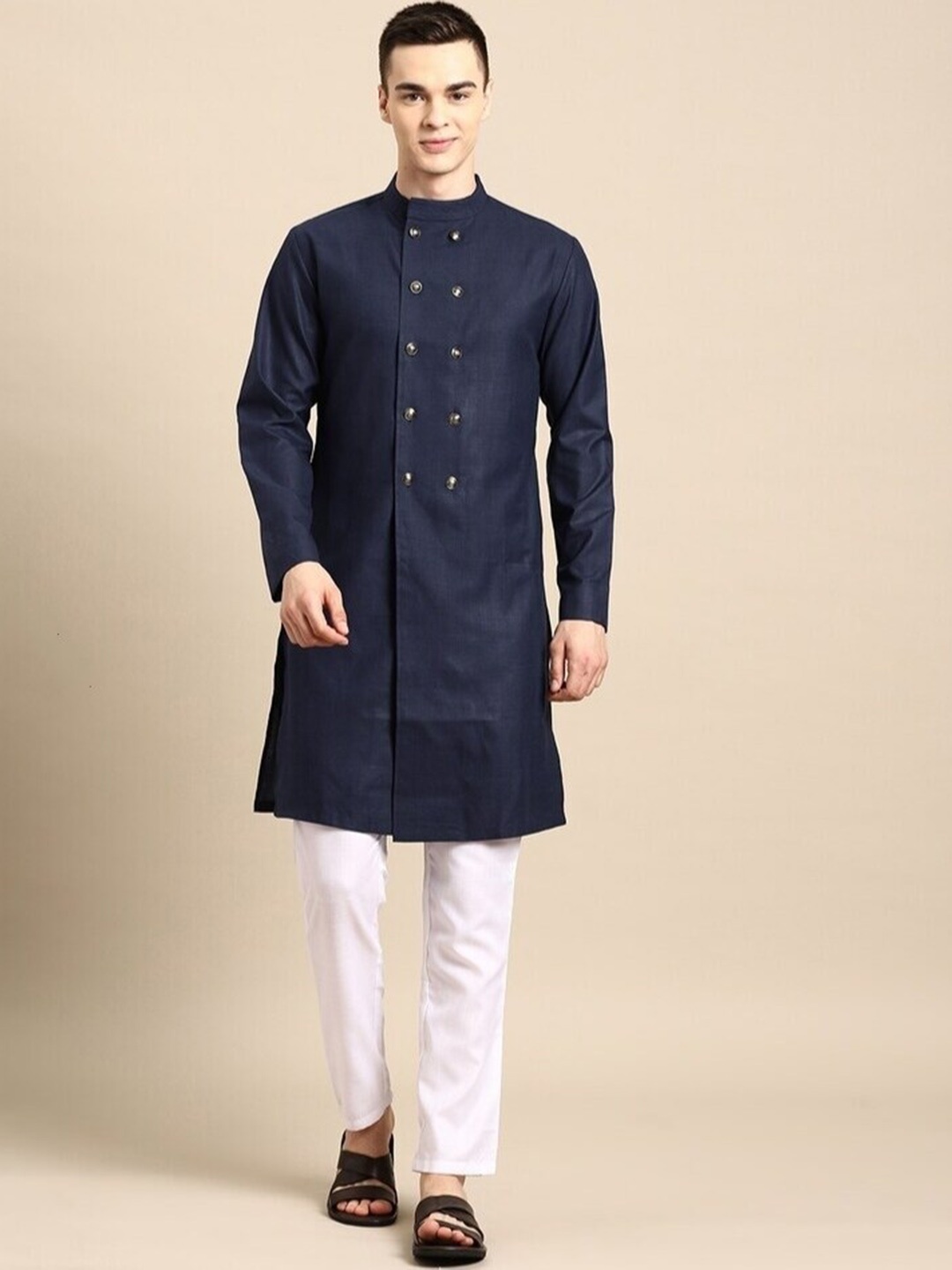 

Molly & Michel Mandarin Collar Straight Cotton Kurta, Navy blue