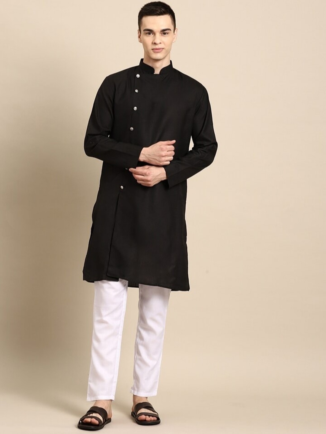 

Molly & Michel Mandarin Collar Cotton Straight Kurta, Black