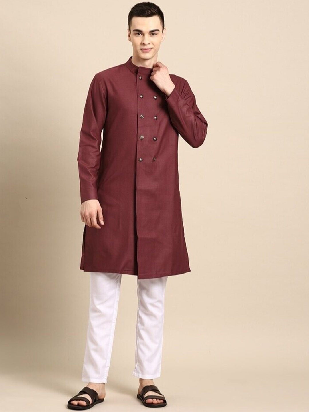 

Molly & Michel Mandarin Collar Cotton Regular Kurta, Maroon