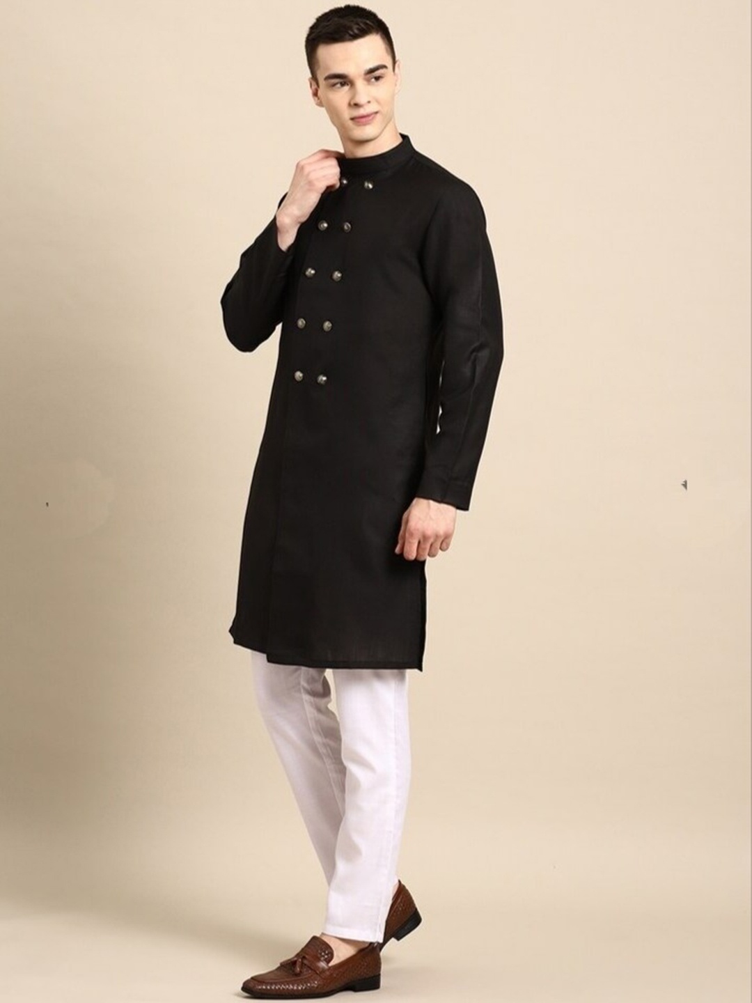 

Molly & Michel Mandarin Collar Pathani Kurta, Black