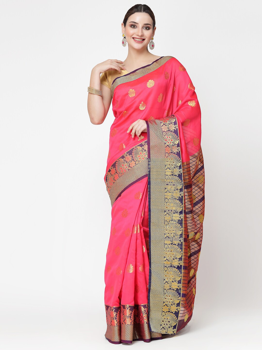 

KALINI Ethnic Woven Design Zari Silk Cotton Banarasi Saree, Pink