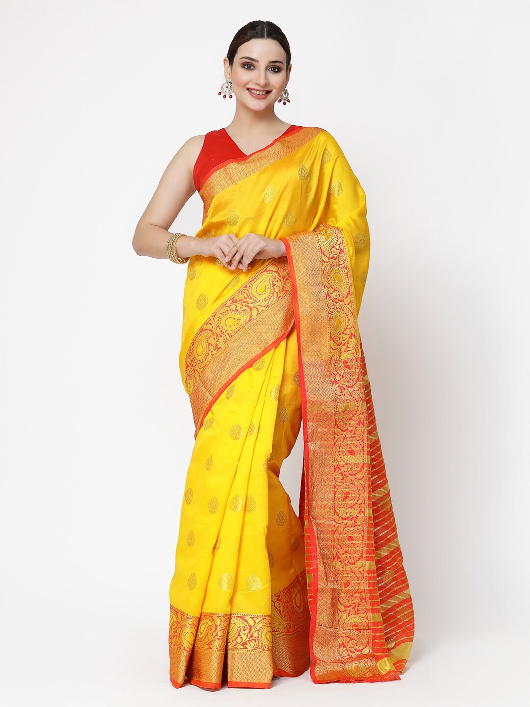 

KALINI Ethnic Motifs Woven Design Zari Silk Cotton Banarasi Saree, Yellow