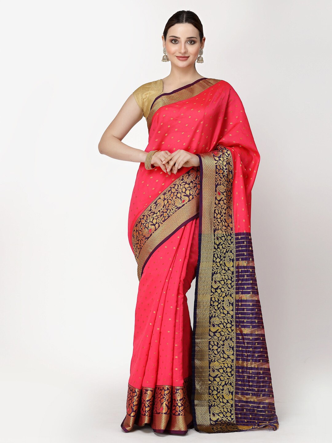 

KALINI Woven Design Zari Silk Cotton Banarasi Saree, Pink