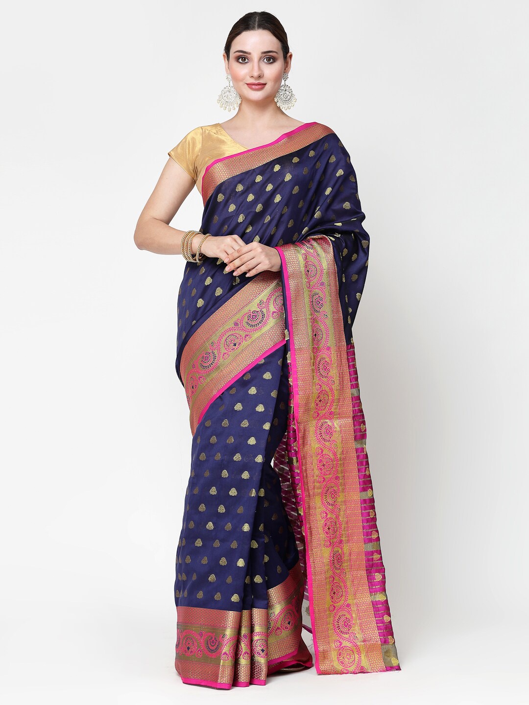 

KALINI Ethnic Motifs Woven Design Zari Silk Cotton Banarasi Saree, Navy blue