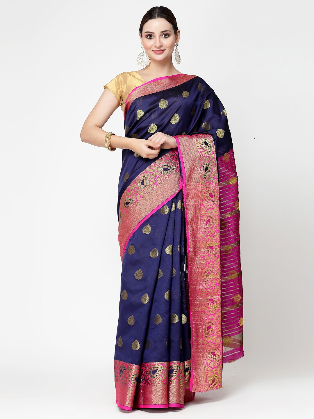 

KALINI Ethnic Motifs Woven Design Zari Silk Cotton Banarasi Saree, Blue