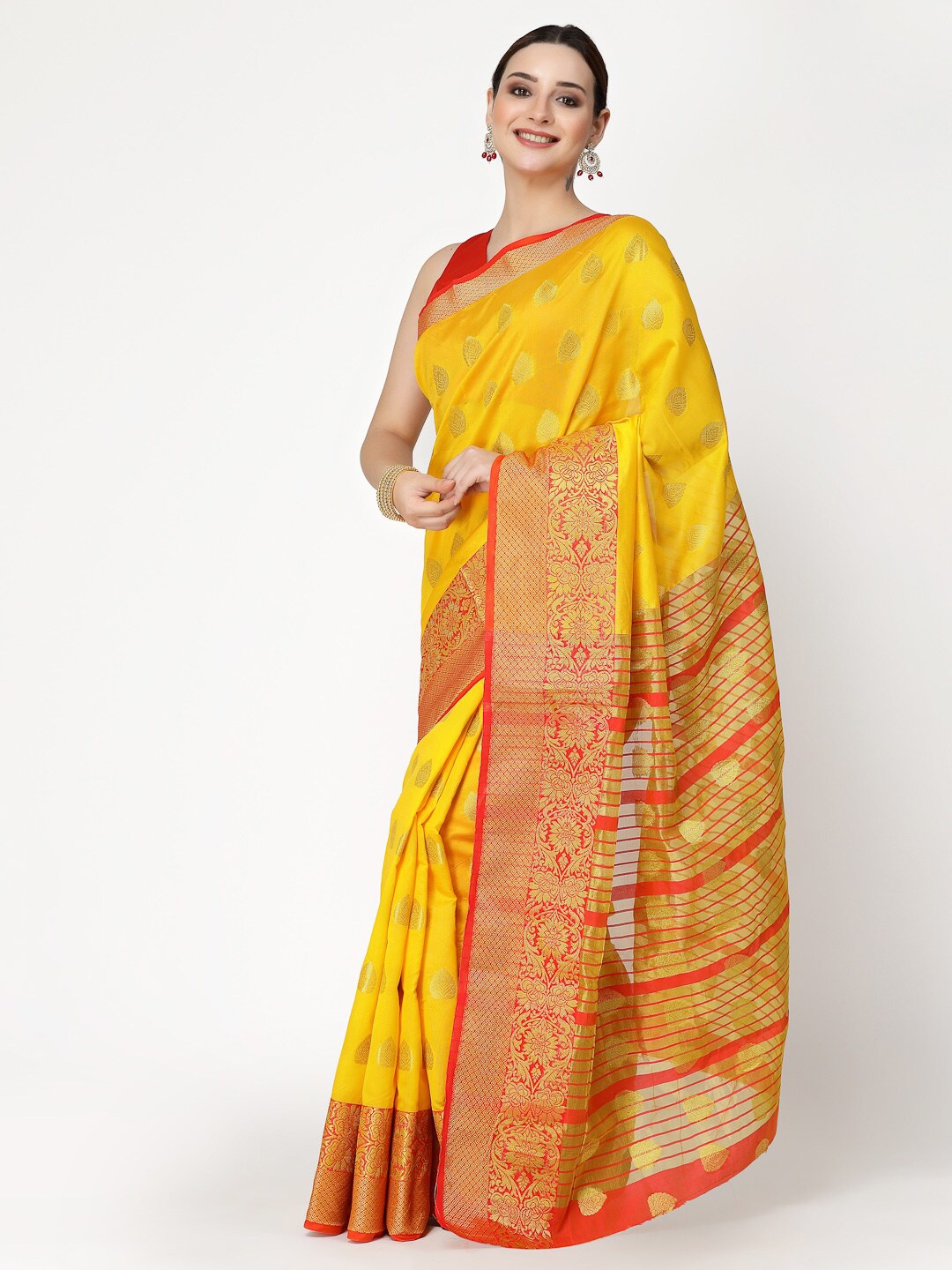 

KALINI Woven Design Zari Silk Cotton Banarasi Saree, Yellow