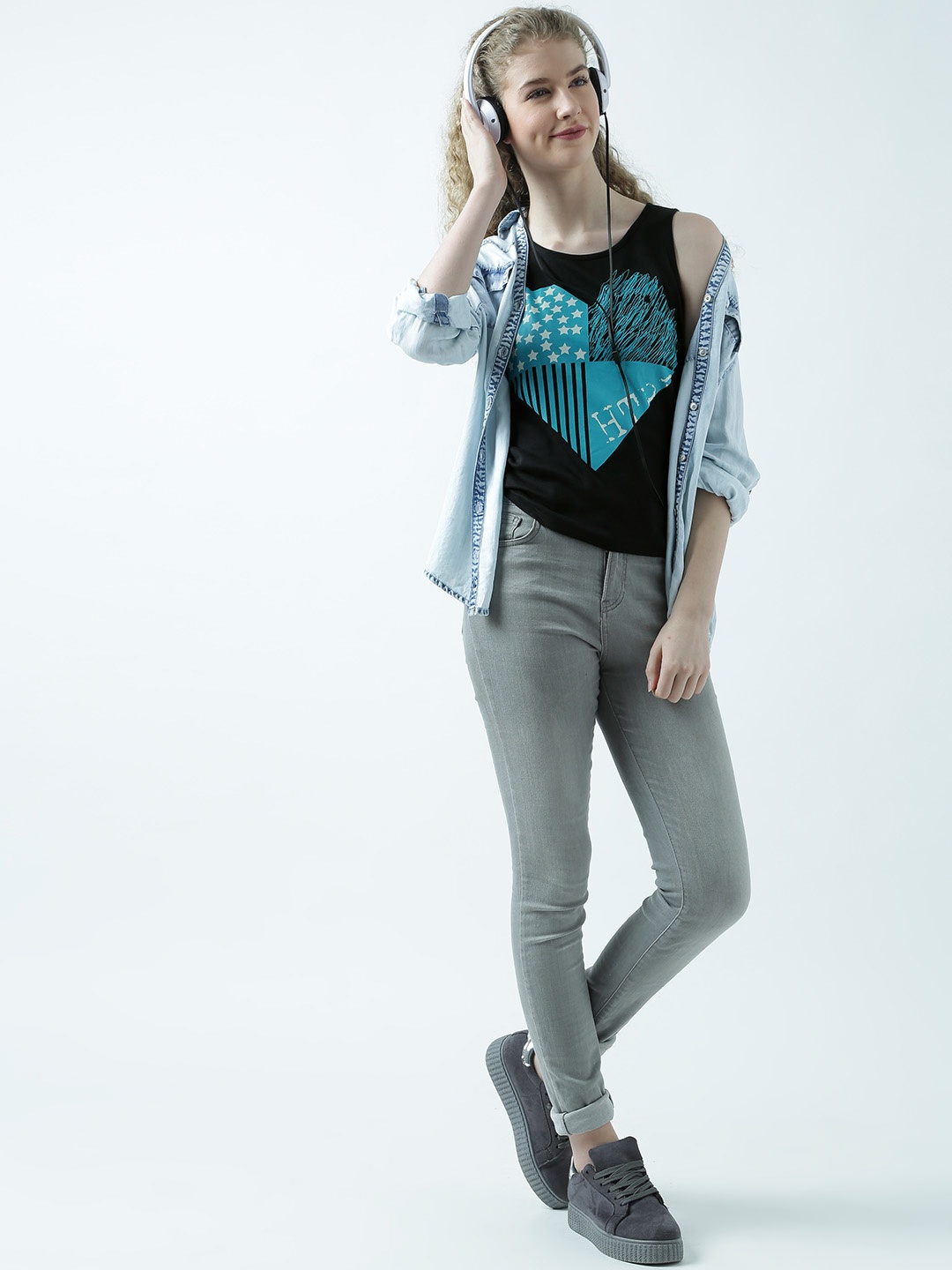 Huetrap Women Black Printed Tank Pure Cotton Top