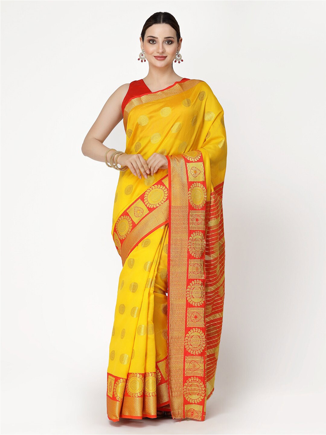 

KALINI Yellow & Red Woven Design Zari Silk Cotton Banarasi Saree