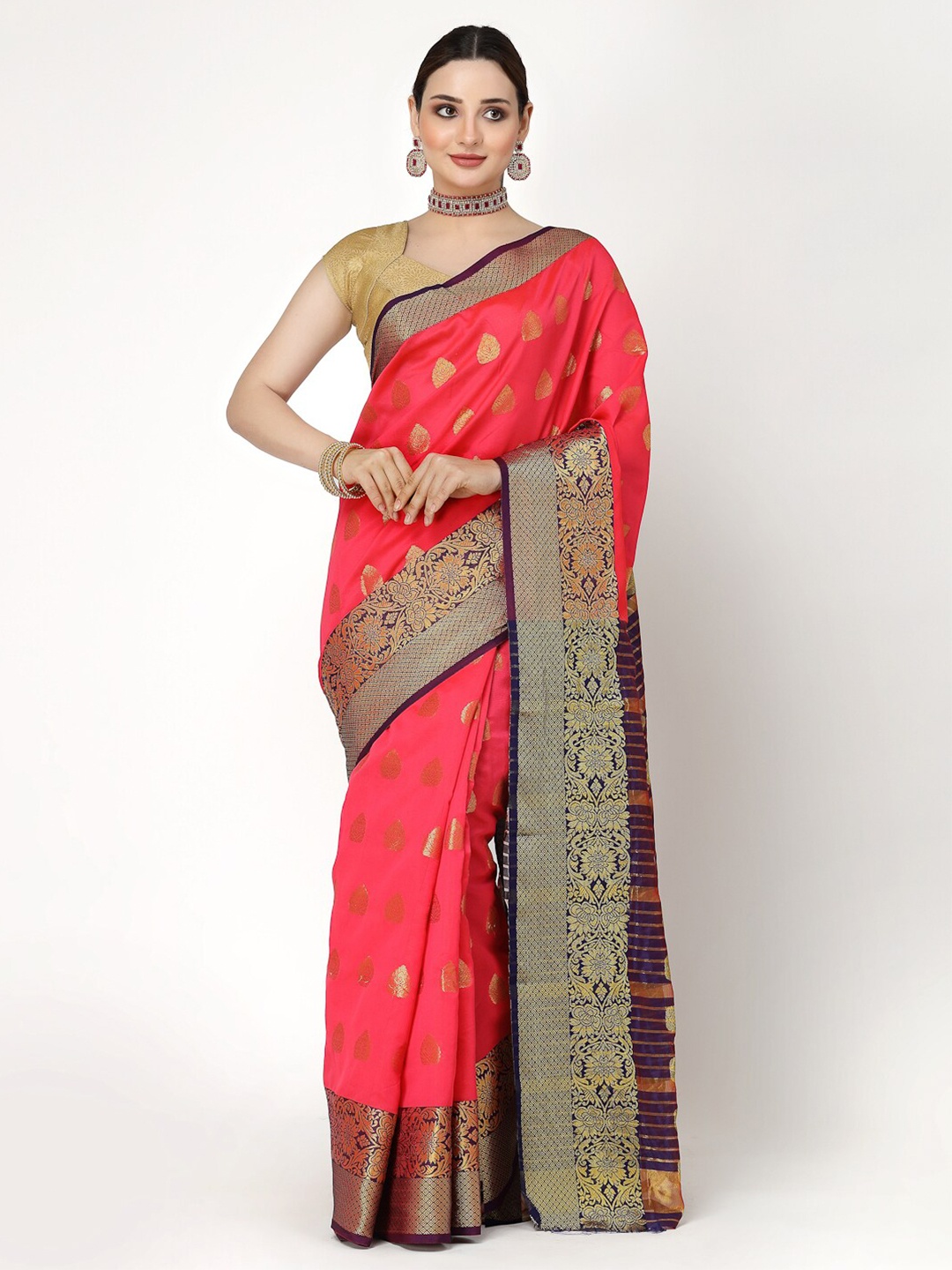 

KALINI Woven Design Zari Silk Cotton Banarasi Saree, Pink