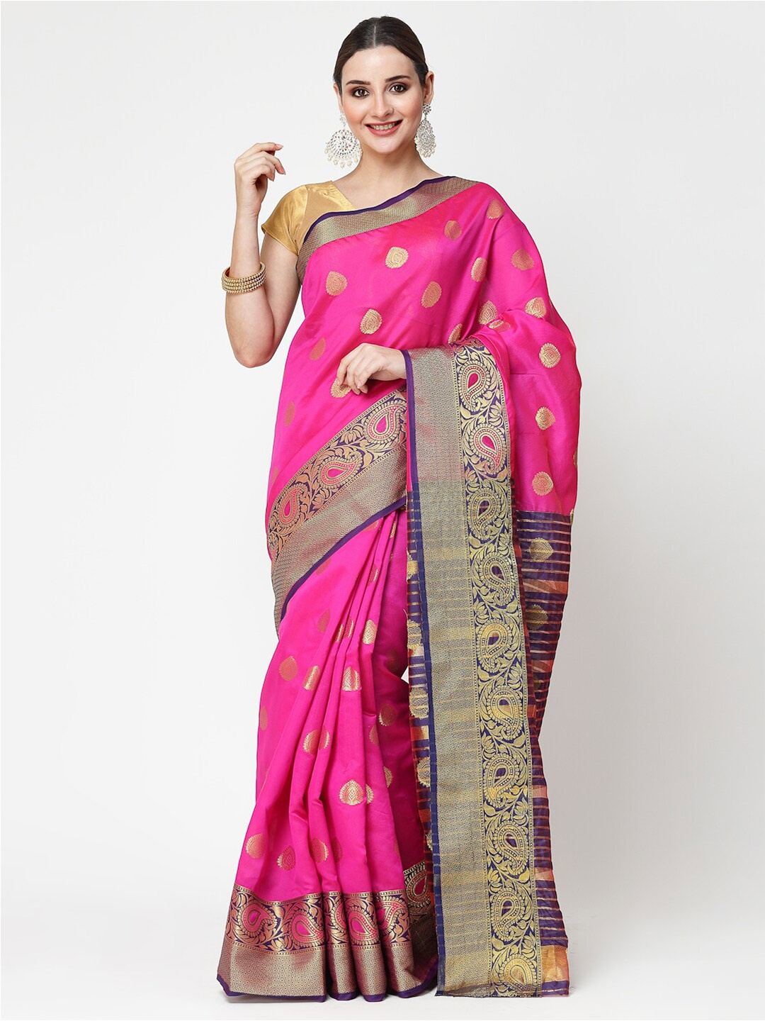 

KALINI Woven Design Zari Silk Cotton Banarasi Saree, Purple