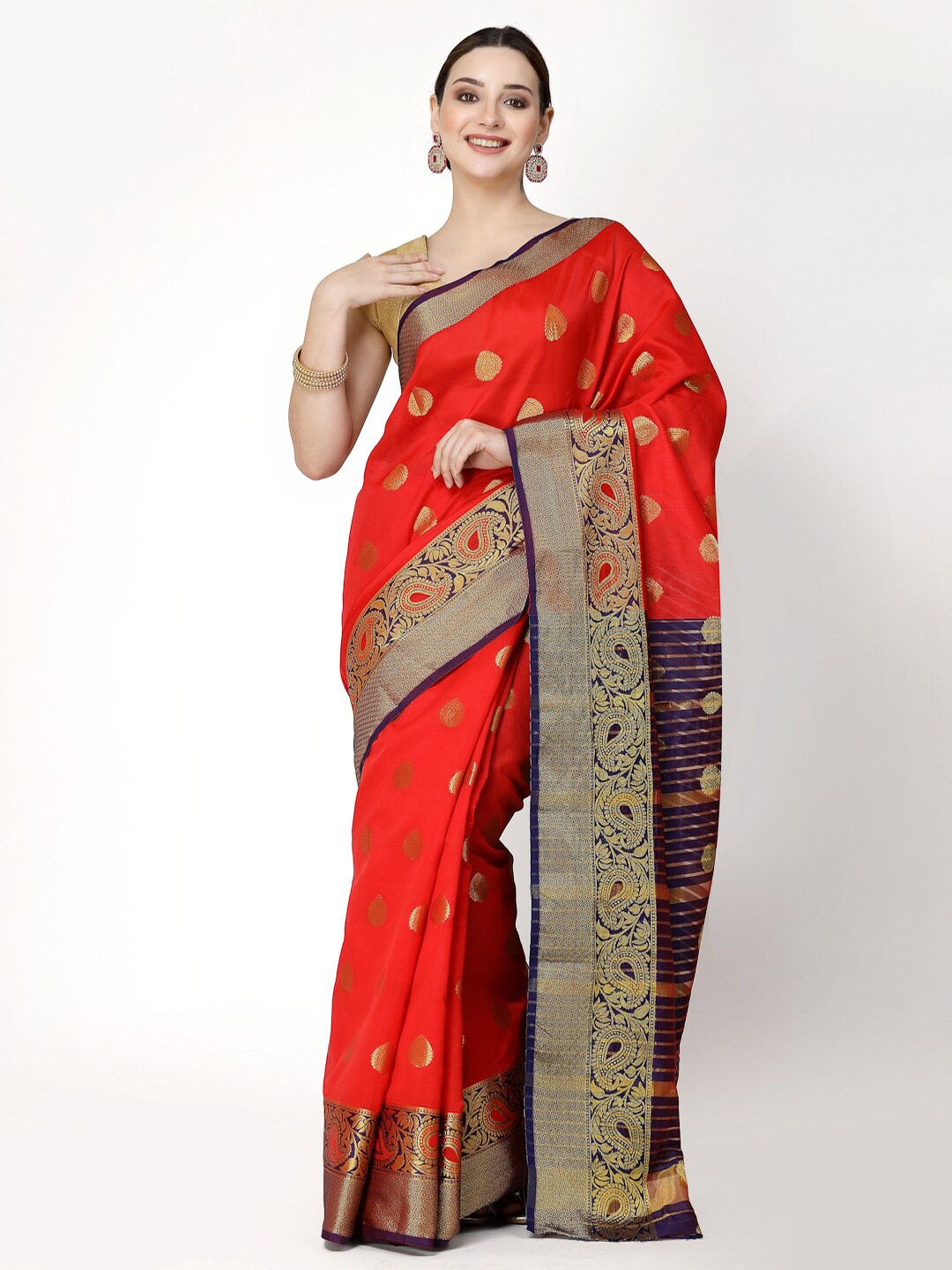 

KALINI Ethnic Motifs Woven Design Silk Cotton Banarasi Saree, Red