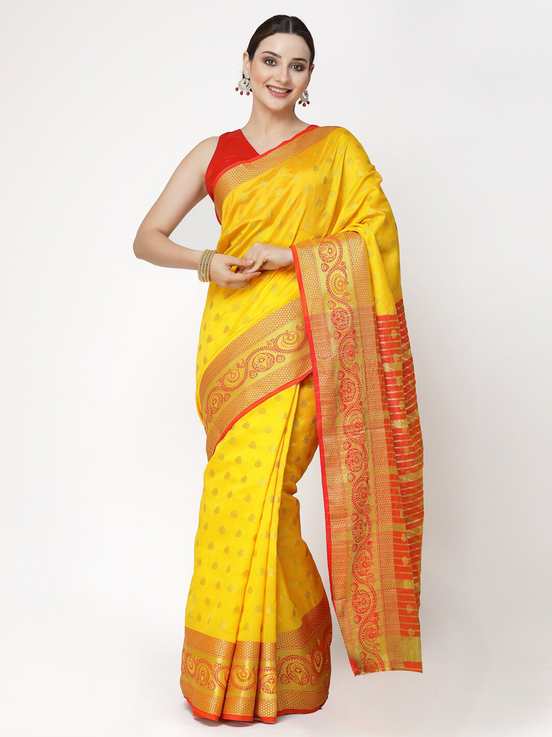 

KALINI Ethnic Motif Woven Design Zari Silk Cotton Banarasi Saree, Yellow