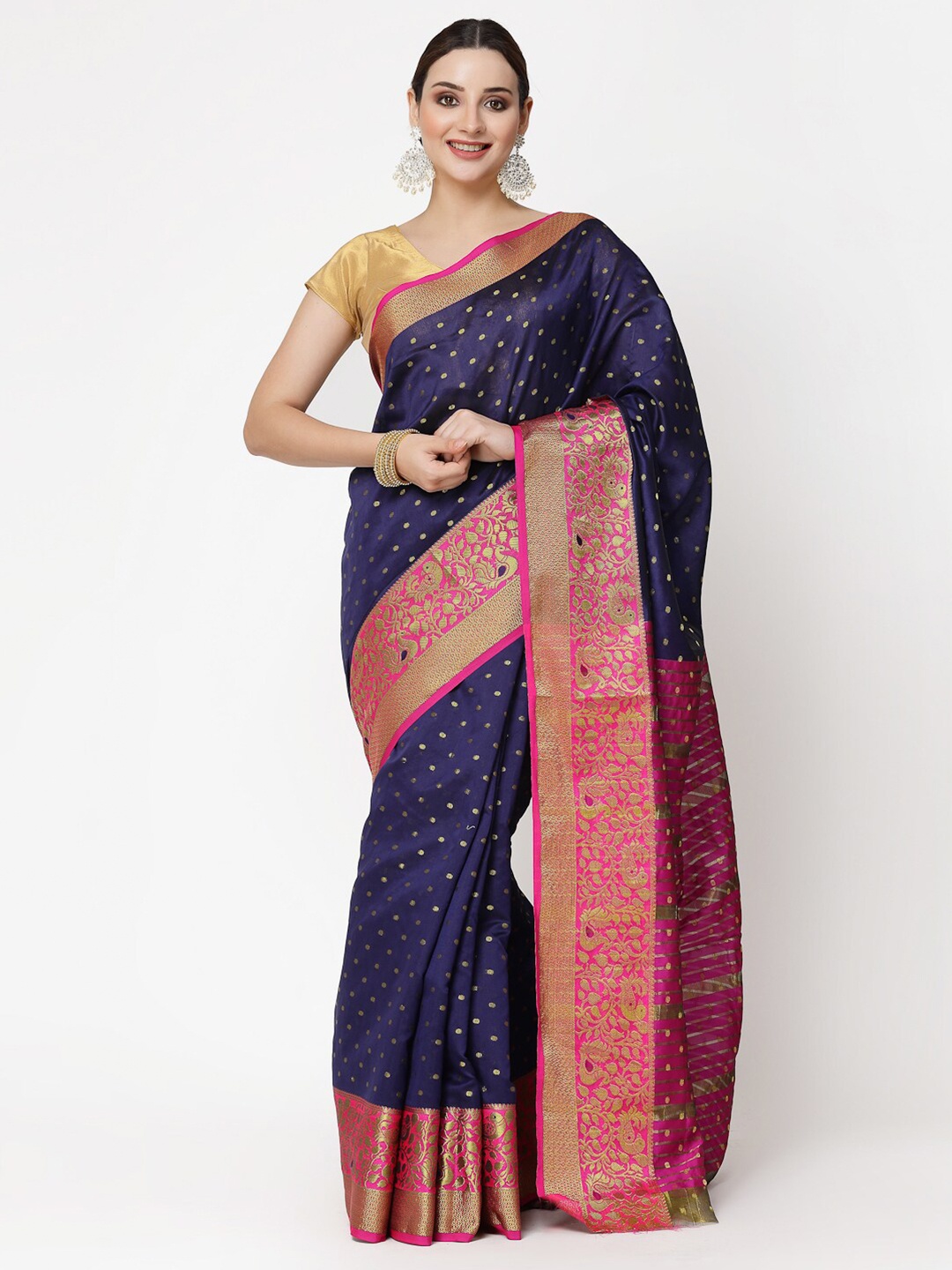 

KALINI Floral Woven Design Zari Silk Cotton Banarasi Saree, Blue