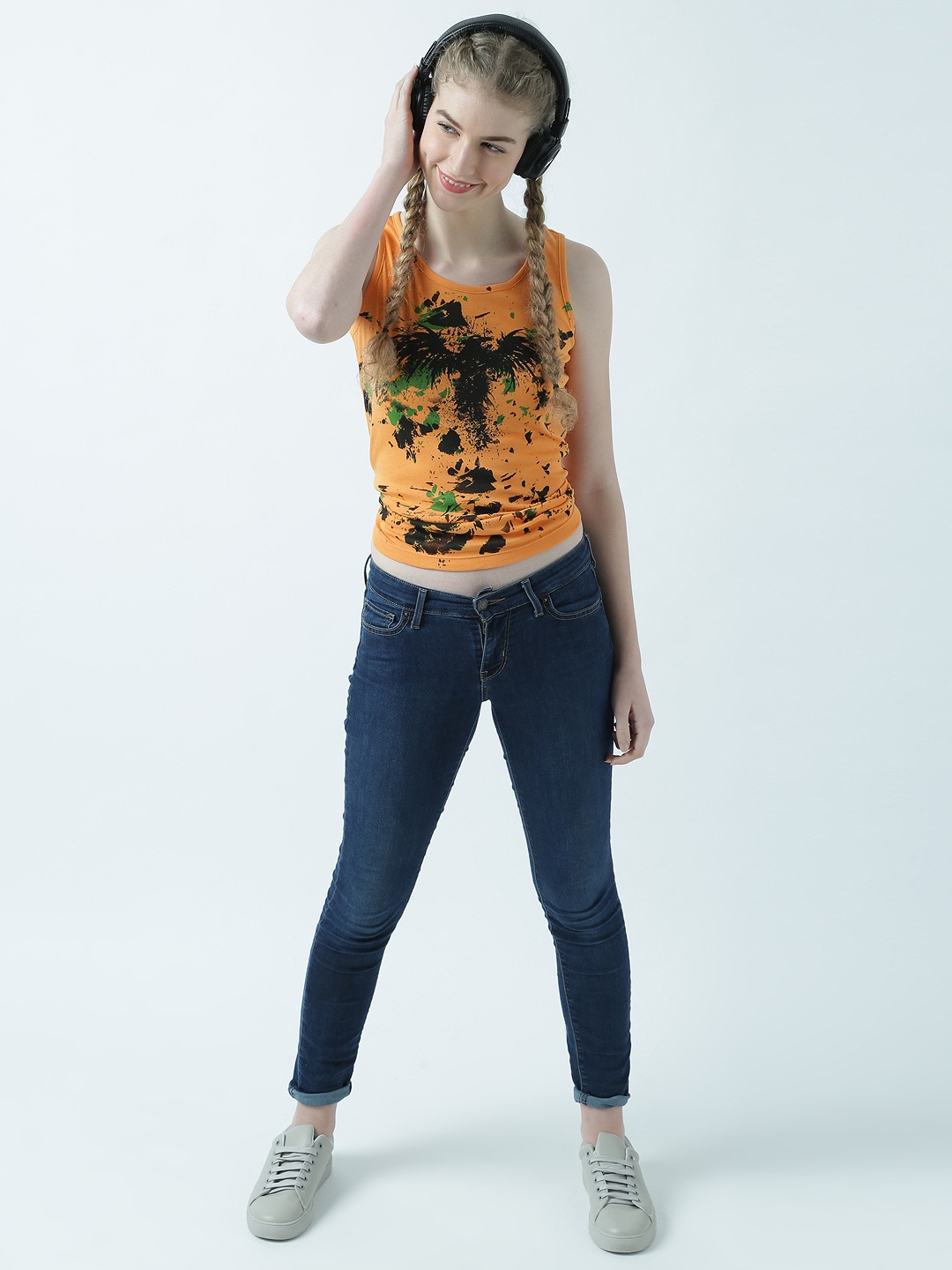 Huetrap Women Orange & Black Printed Tank Top