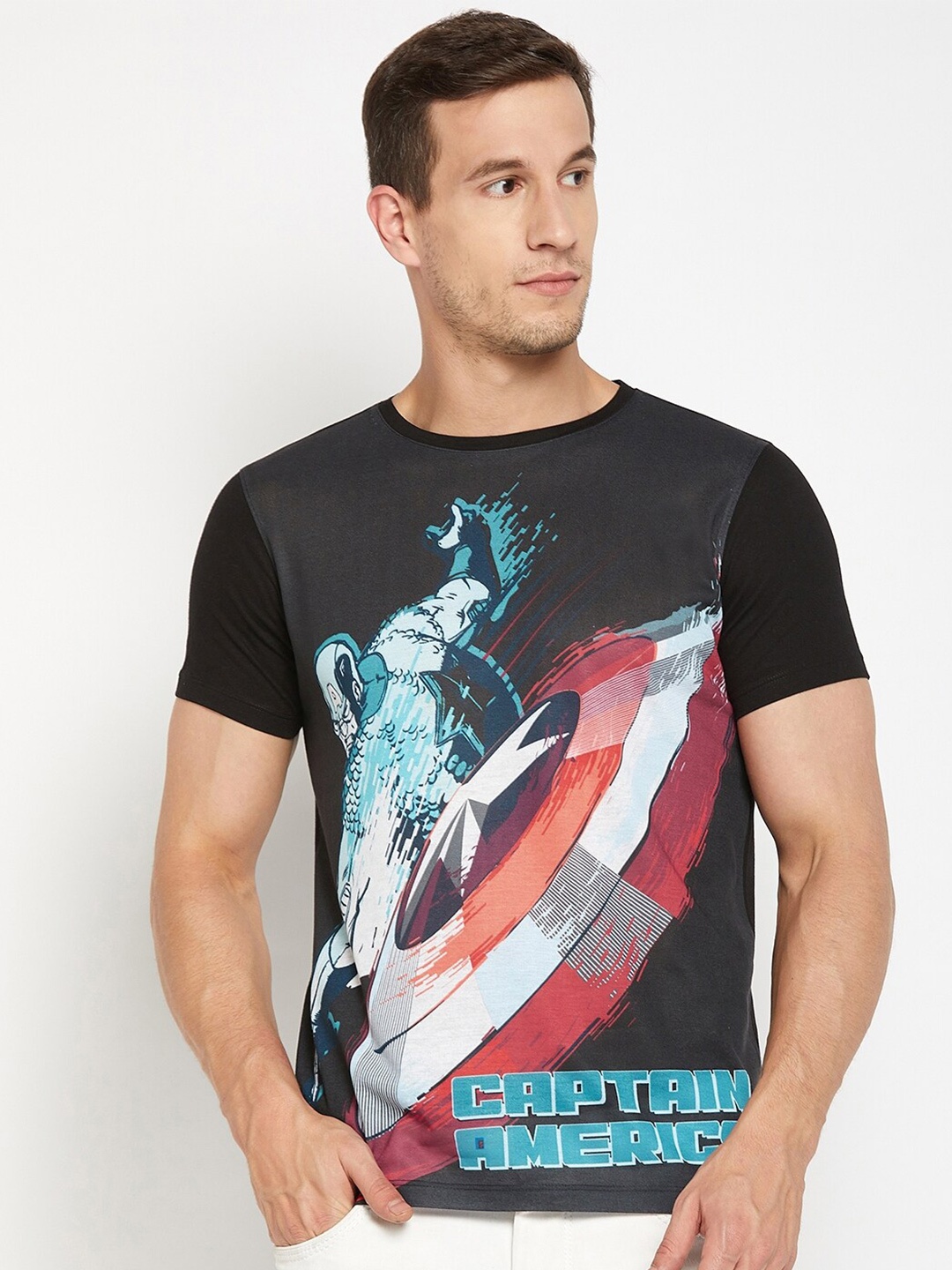 

Wear Your Mind Captain America Printed Knitted T-Shirt, Black