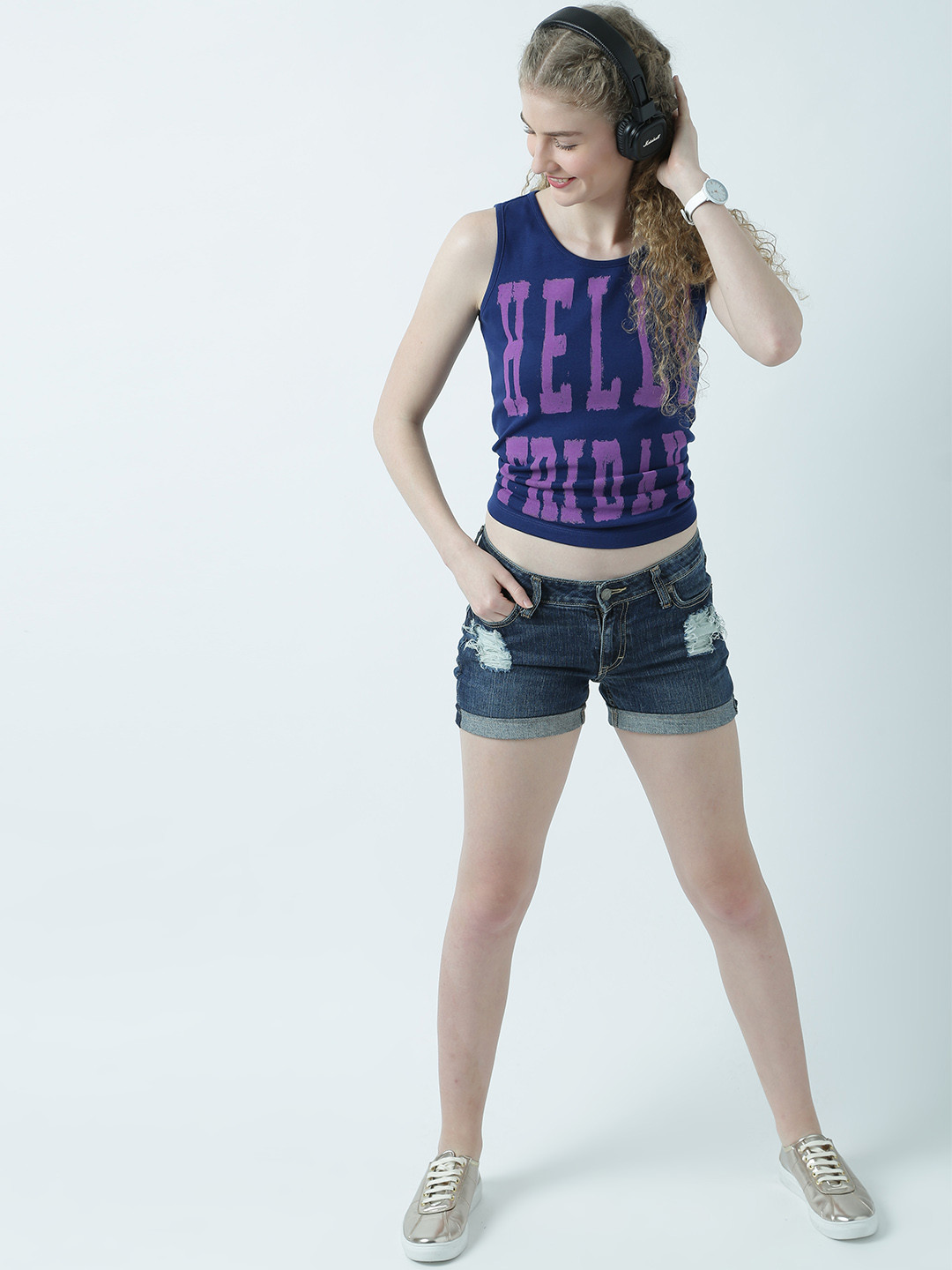 

Huetrap Women Navy Blue Printed Tank Pure Cotton Top
