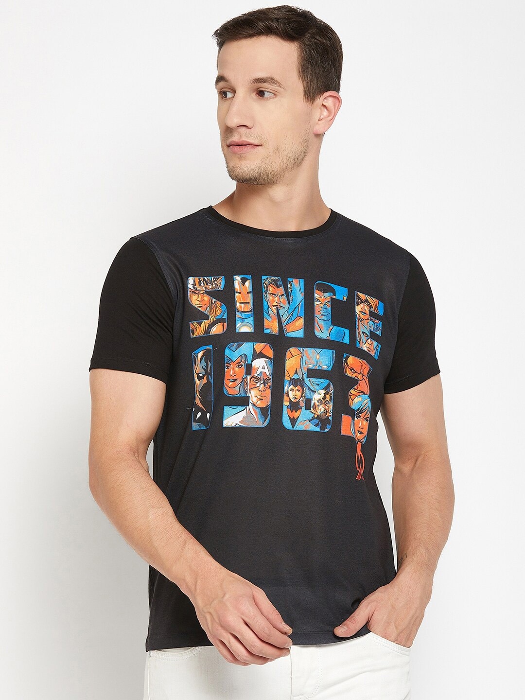 

Wear Your Mind Men Floral Avengers Printed Regular Fit T-shirt, Black