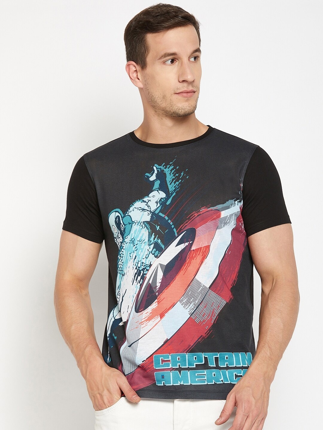 

Wear Your Mind Captain America Printed Round Neck T-shirt, Black