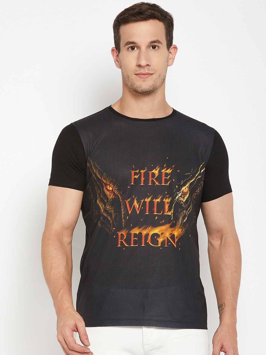 Wear Your Mind House Of The Dragon Typography Printed Knitted T-Shirt, Black