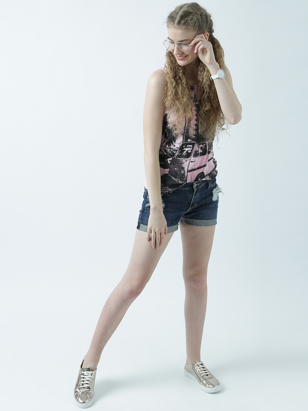 

Huetrap Women Pink Printed Tank Pure Cotton Top