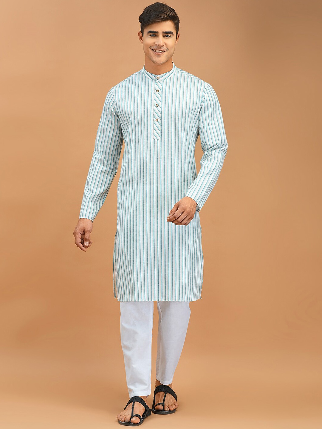 

DEYANN Striped Regular Pure Cotton Kurta with Pyjamas, White