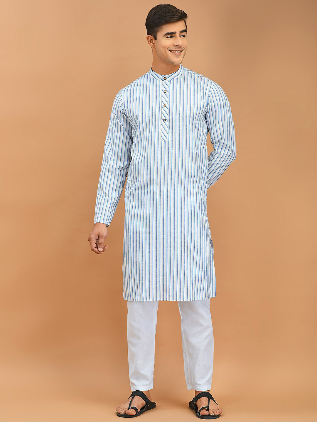 

DEYANN Striped Regular Pure Cotton Kurta with Pyjamas, White