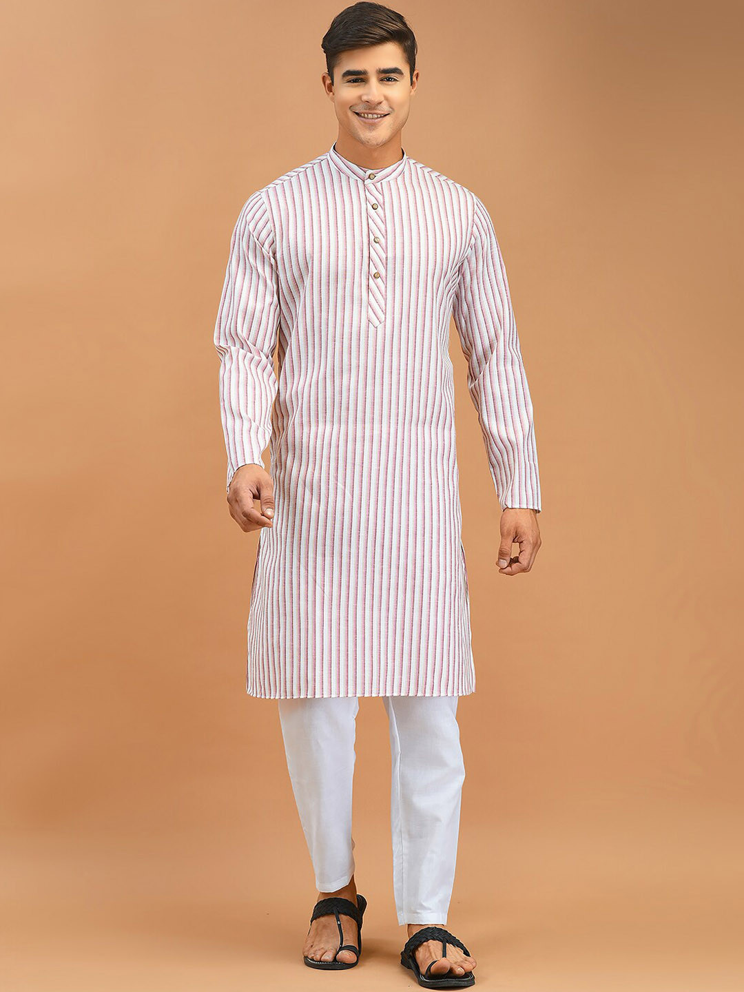 

DEYANN Striped Regular Pure Cotton Kurta with Pyjamas, White