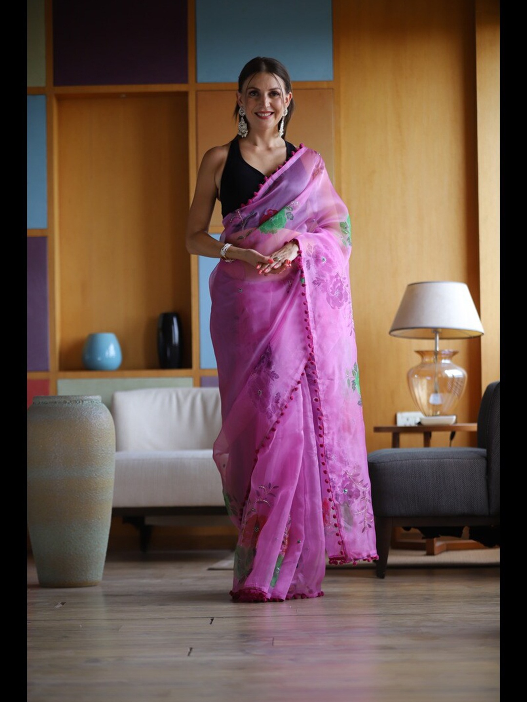 

Atulyam Tex World Floral Printed Khatli Work Organza Saree, Violet