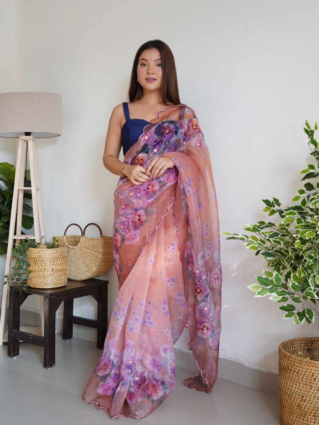 

Atulyam Tex World Floral Printed Embellished Organza Saree, Rust