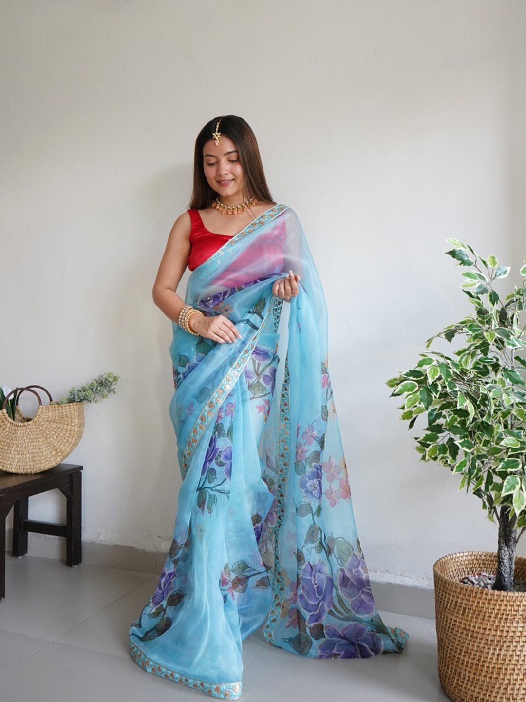 Atulyam Tex World Floral Printed Organza Saree, Turquoise blue