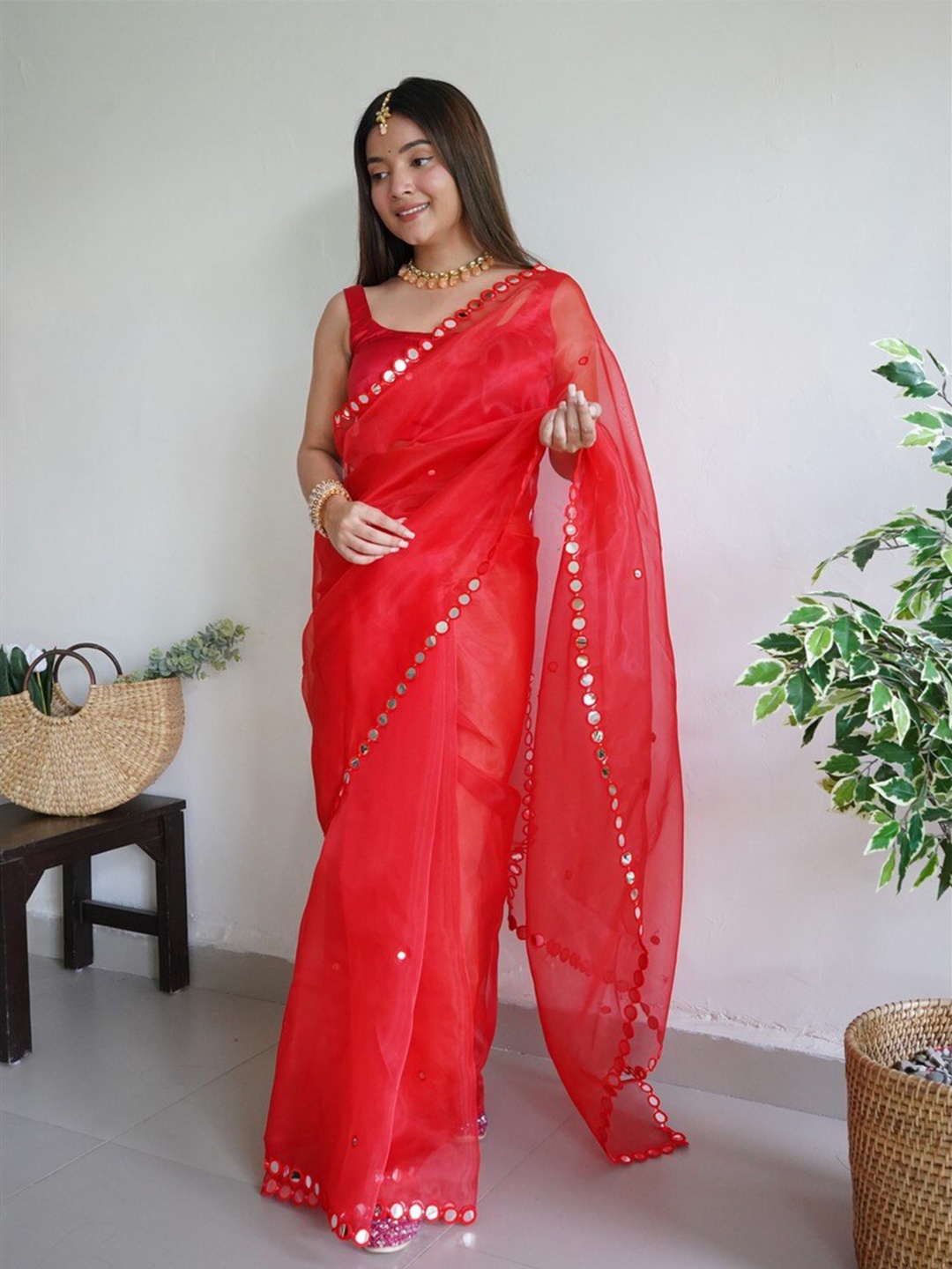 

Atulyam Tex World Mirror Work Organza Saree, Red