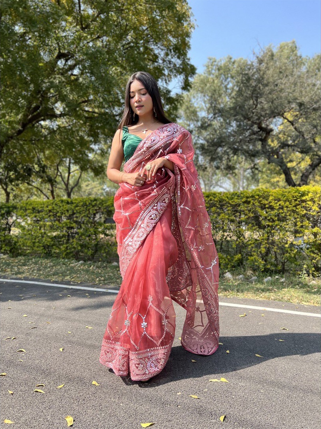 

Atulyam Tex World Floral Mirror Work Organza Saree, Peach