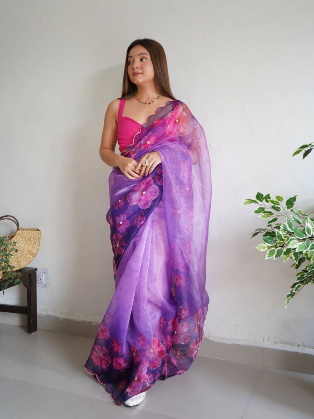 

Atulyam Tex World Floral Printed And Beads & Stones Embellished Organza Saree, Purple