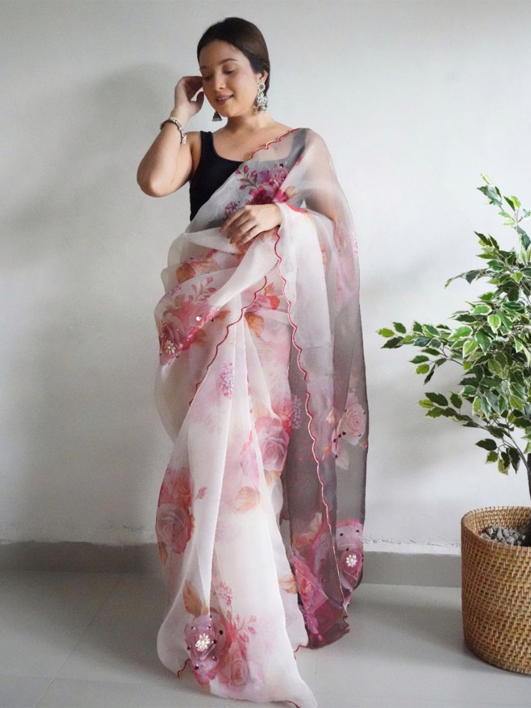 

Atulyam Tex World Floral Printed Embellished Organza Saree, Taupe