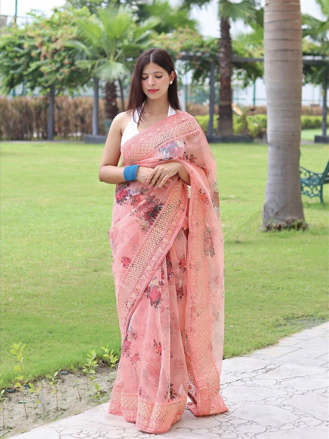 

Atulyam Tex World Floral Printed Embroidered Organza Saree, Orange