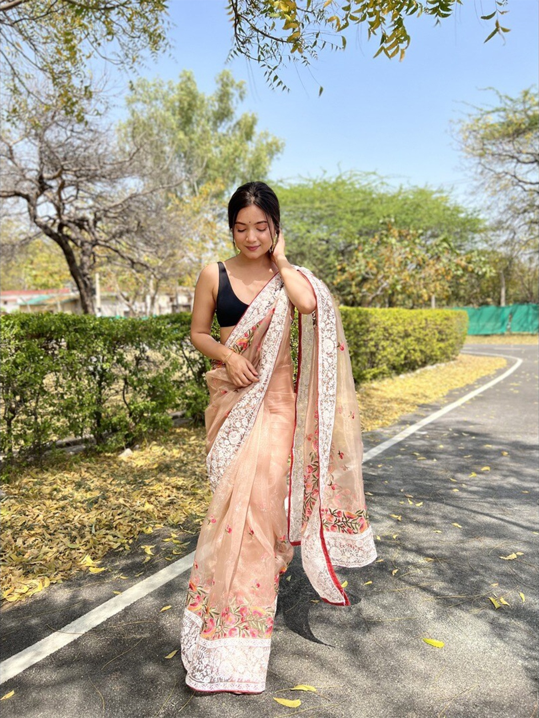 

Atulyam Tex World Floral Embroidered Organza Saree, Brown