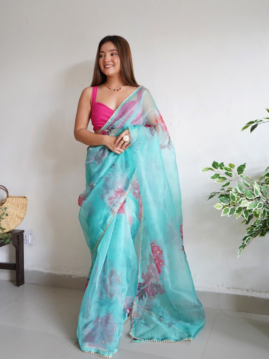 

Atulyam Tex World Floral Printed Organza Saree, Turquoise blue