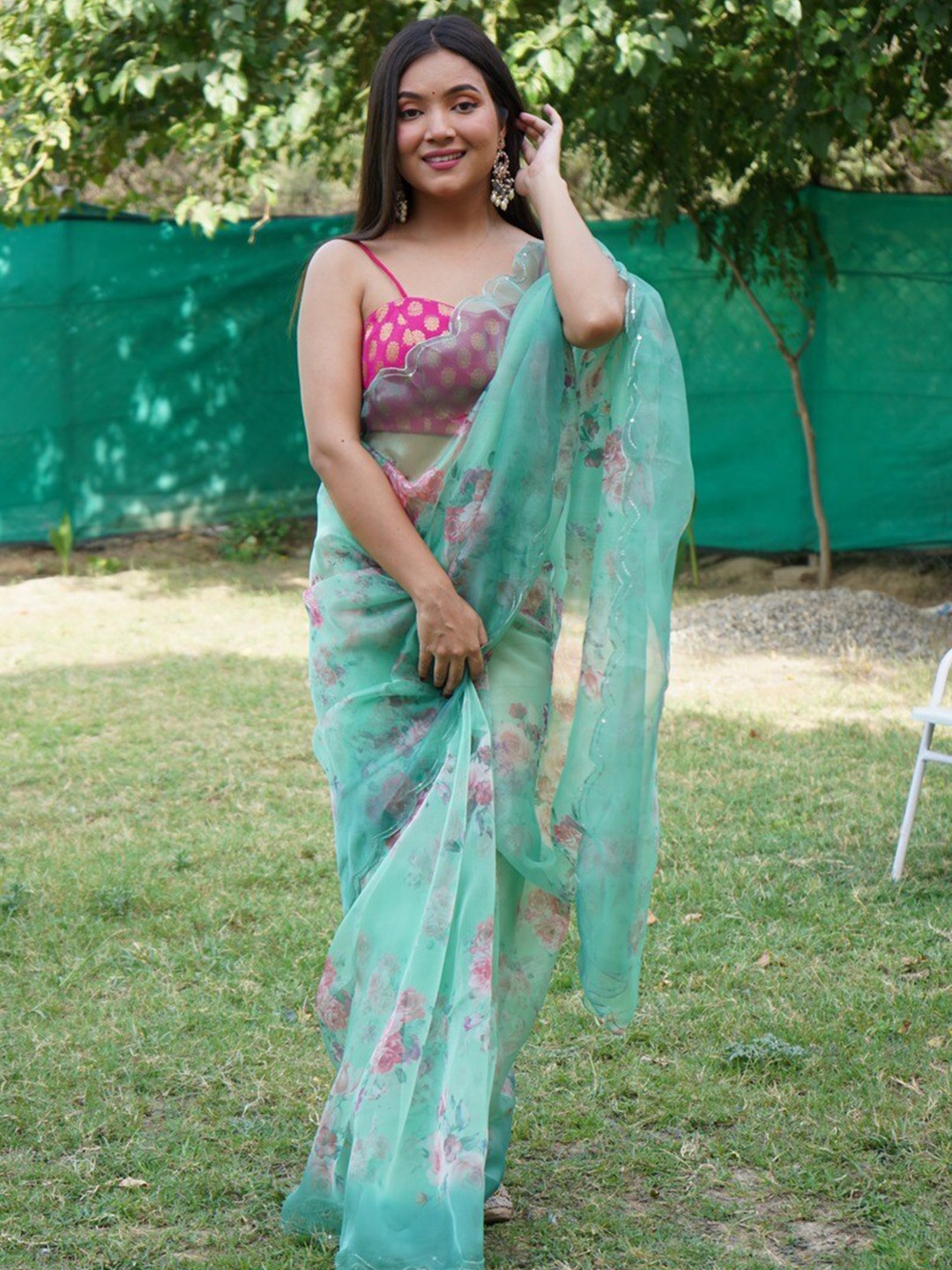 Atulyam Tex World Floral Printed Embroidered Organza Saree, Sea green