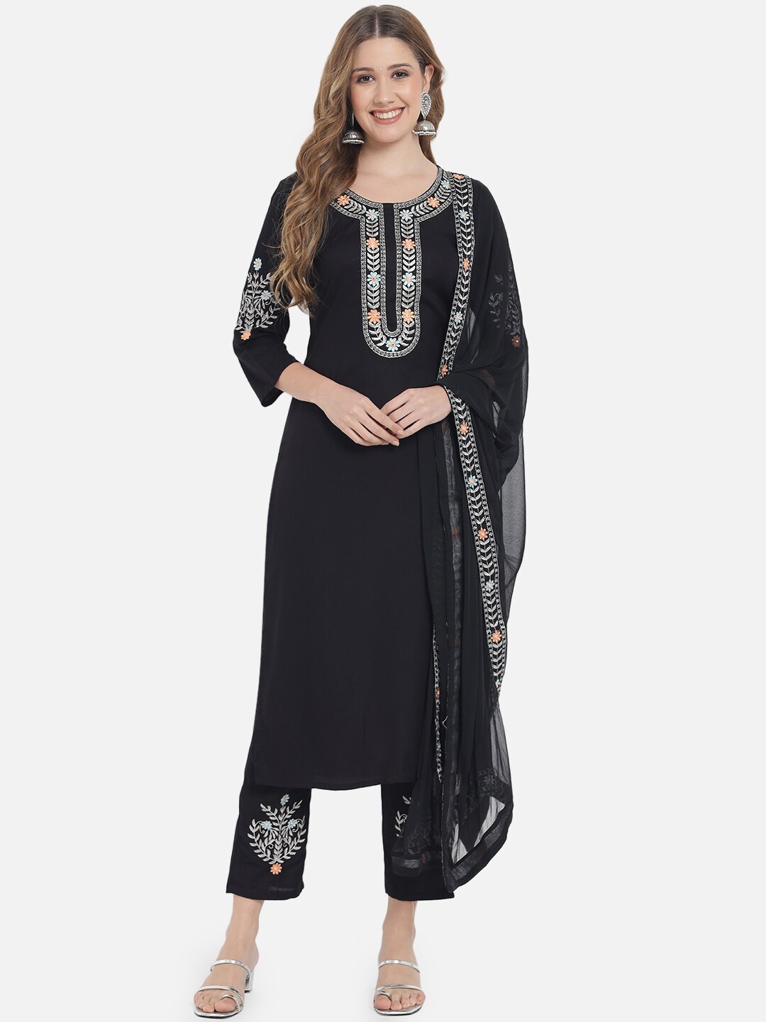 

KALINI Floral Embroidered Kurta With Trousers & Dupatta, Black