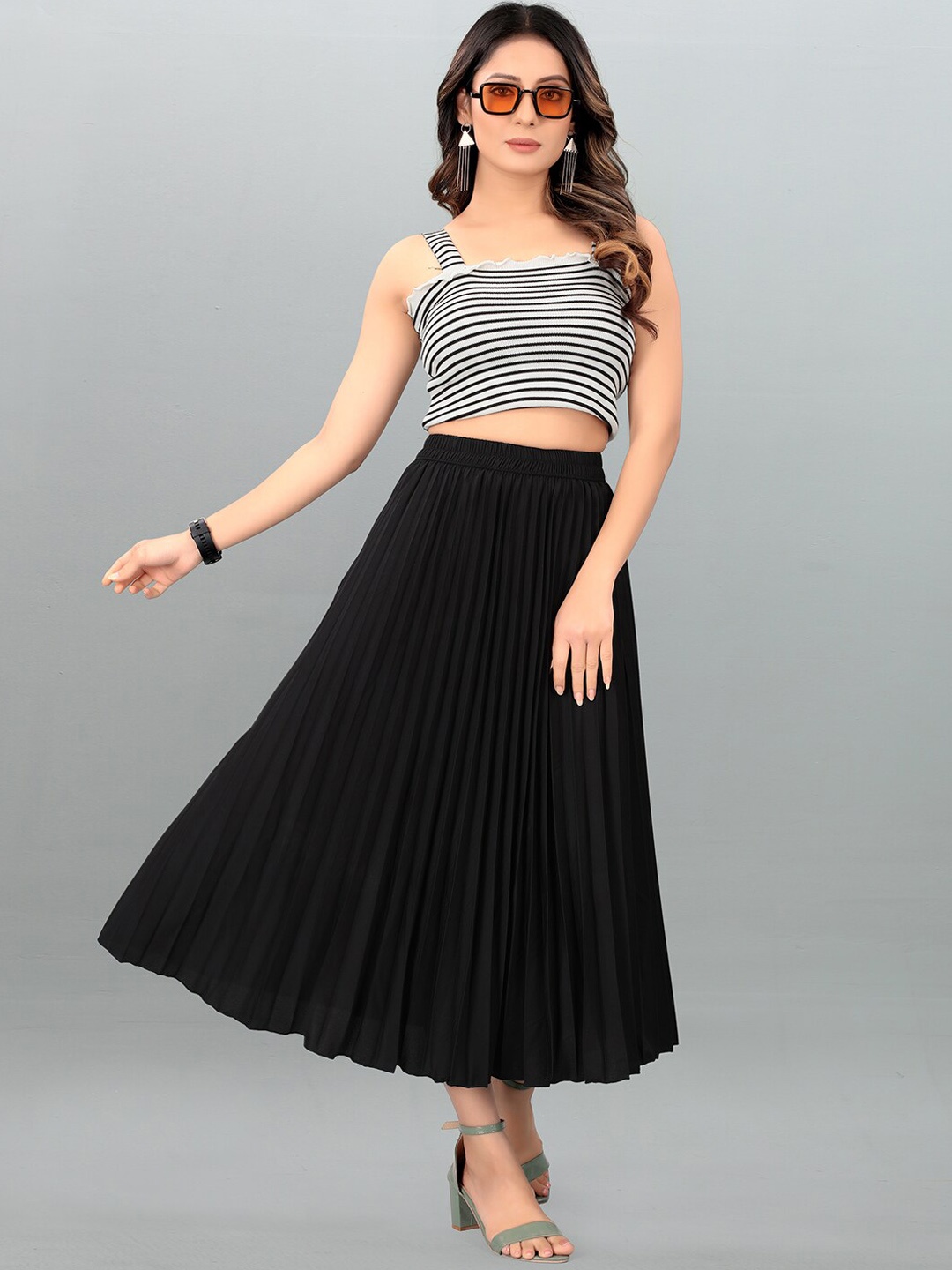 

DEKLOOK Pleated A-Line Midi Skirt, Navy blue