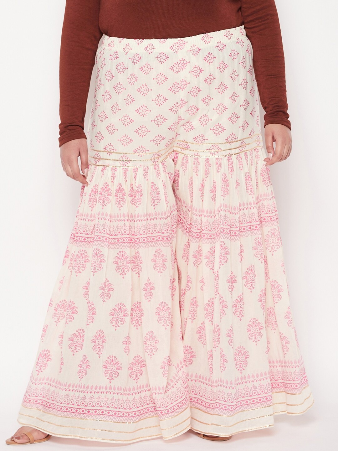 

CLORA CREATION PLUS Women Plus Size Ethnic Motifs Printed Flared Cotton Palazzos, Off white