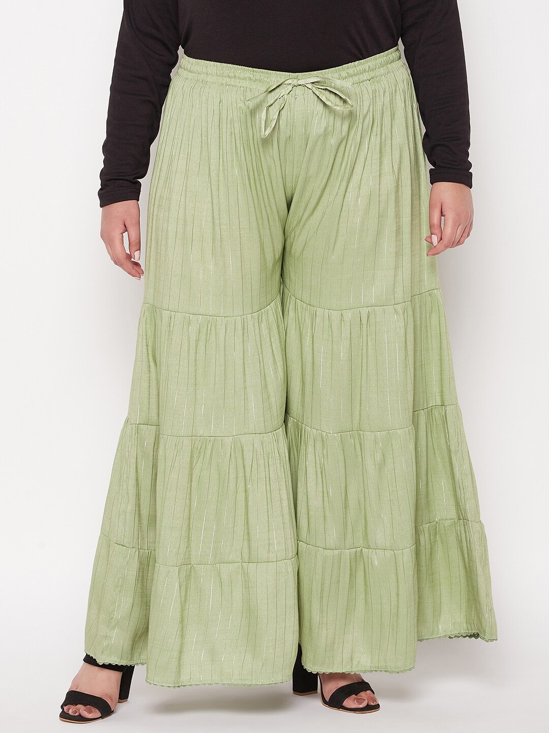 

CLORA CREATION PLUS Women Plus Size Striped Tiered Flared Palazzos, Green