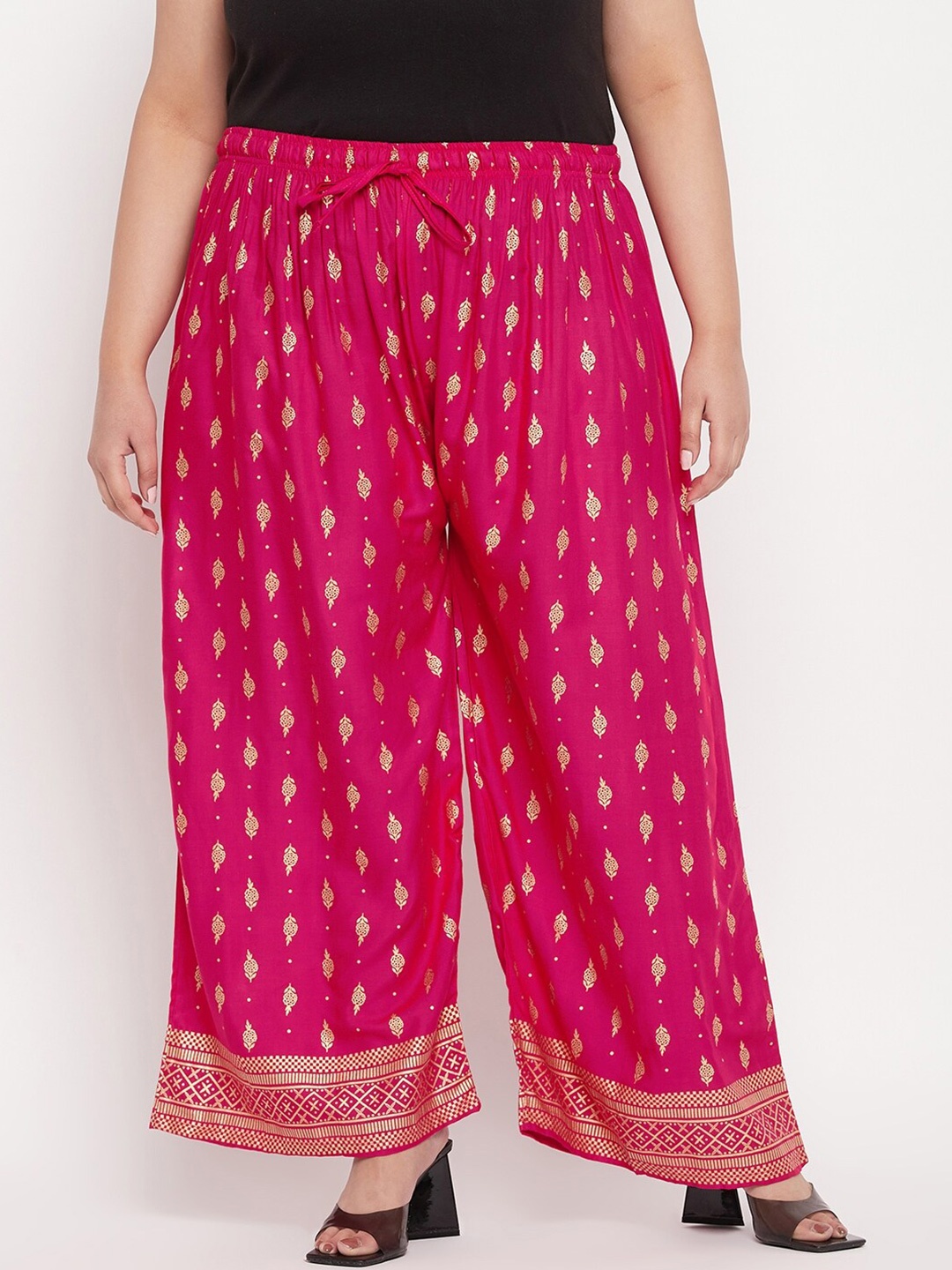 CLORA CREATION PLUS Women Gold-Toned Ethnic Motifs Printed Palazzos, Magenta