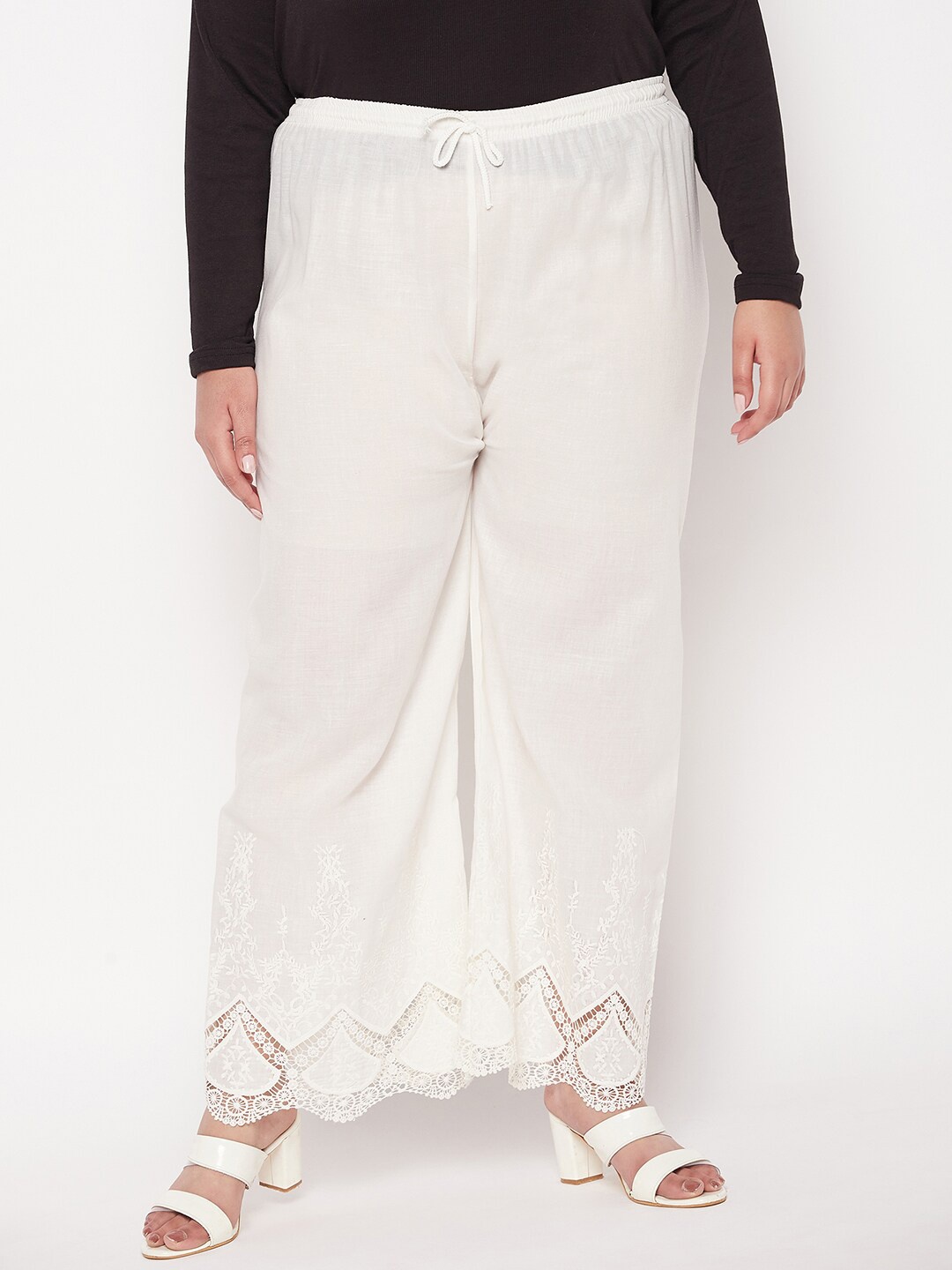 

CLORA CREATION PLUS Women Ethnic Motifs Embroidered Wide Leg Cotton Palazzos, Cream