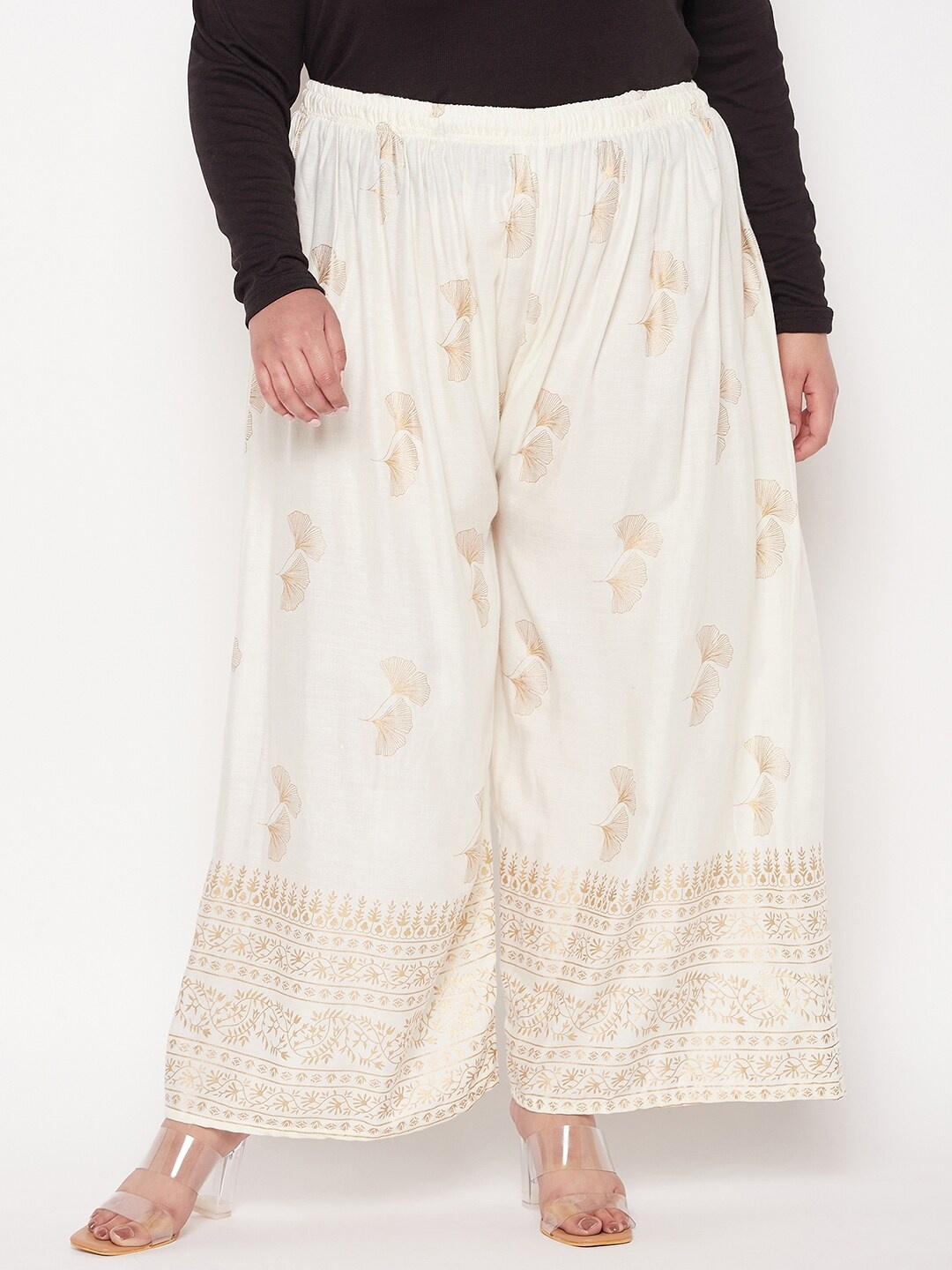 

CLORA CREATION PLUS Gold-Toned Ethnic Motifs Printed Palazzos, Cream