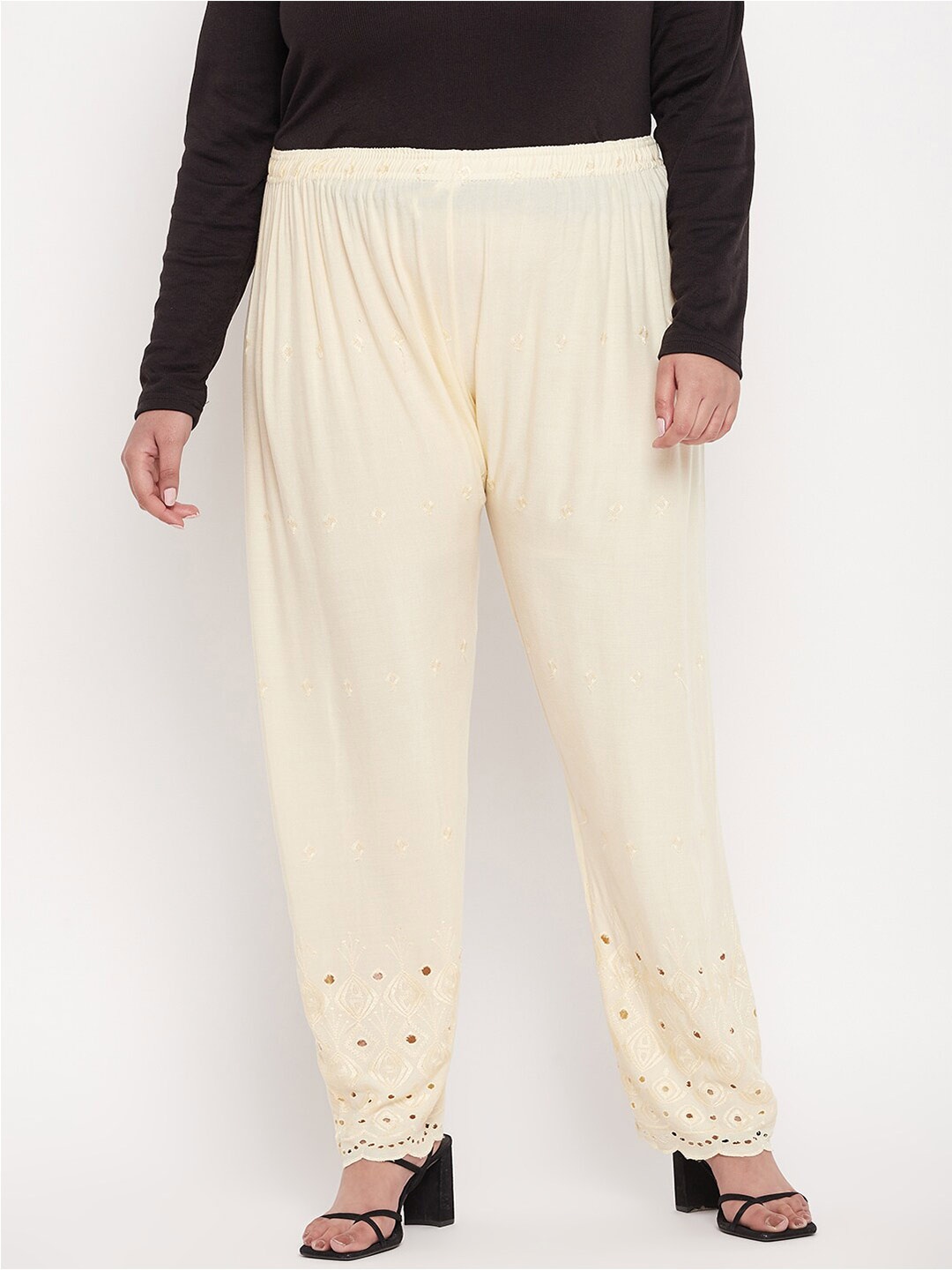 

CLORA CREATION PLUS Women Geometric Embroidered Straight Fit Palazzos, Cream