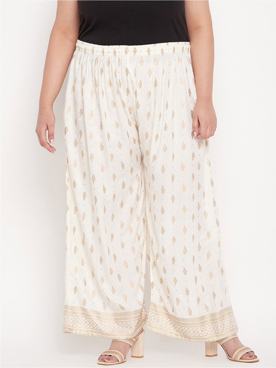 

CLORA CREATION PLUS Women Ethnic Motifs Printed Wide Leg Palazzos, Cream