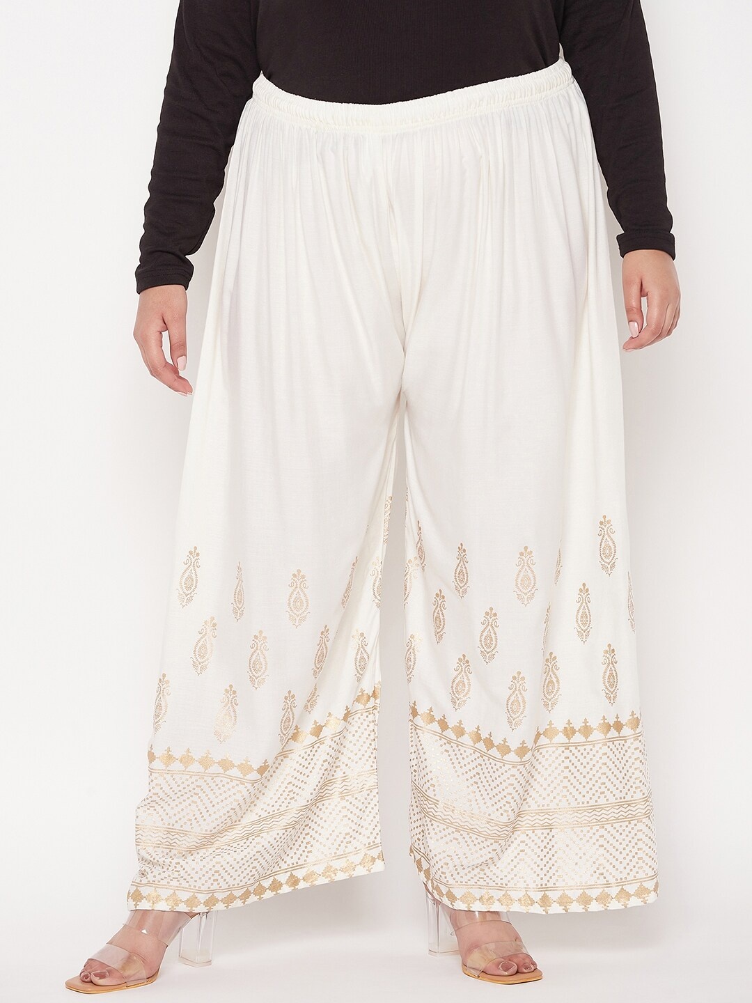 

CLORA CREATION PLUS Women Ethnic Motifs Printed Wide Leg Palazzos, Cream