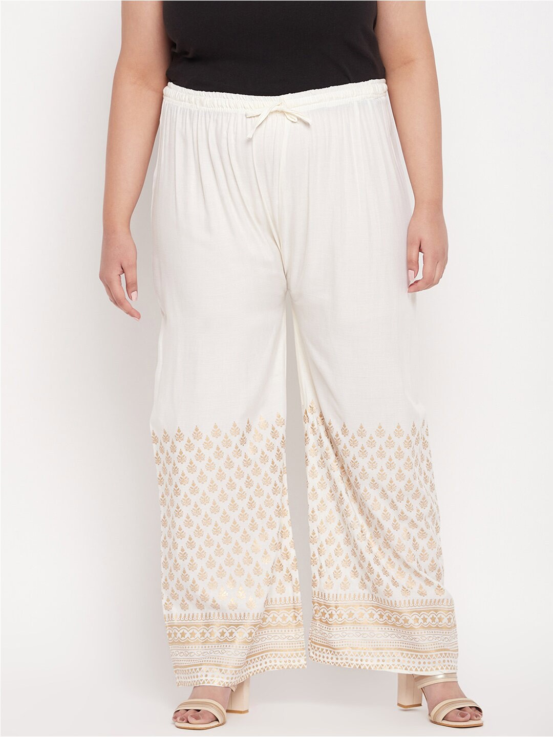 

CLORA CREATION PLUS Women Ethnic Motifs Printed Hem Design Straight Palazzos, Cream